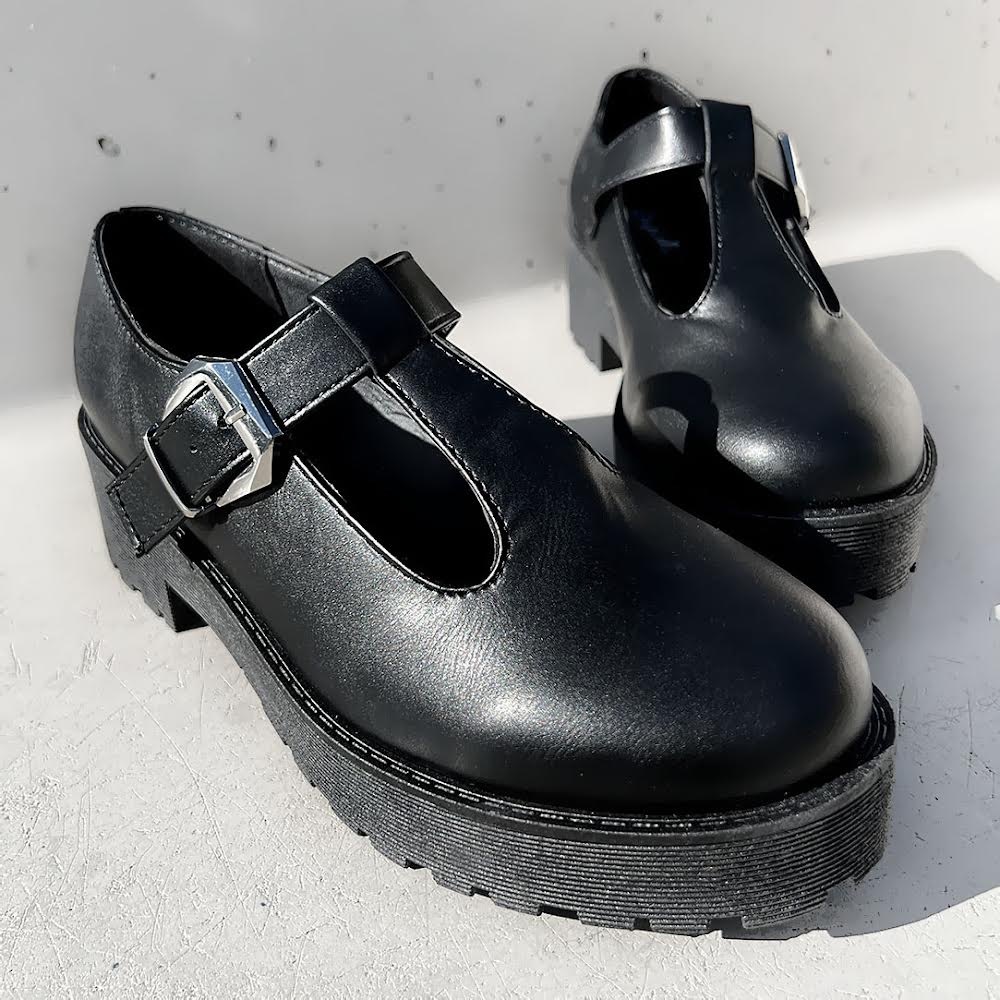 NEW Mary Jane Platform T-Strap Chunky Lug Sole Goth Altercore Loafer Shoes Black